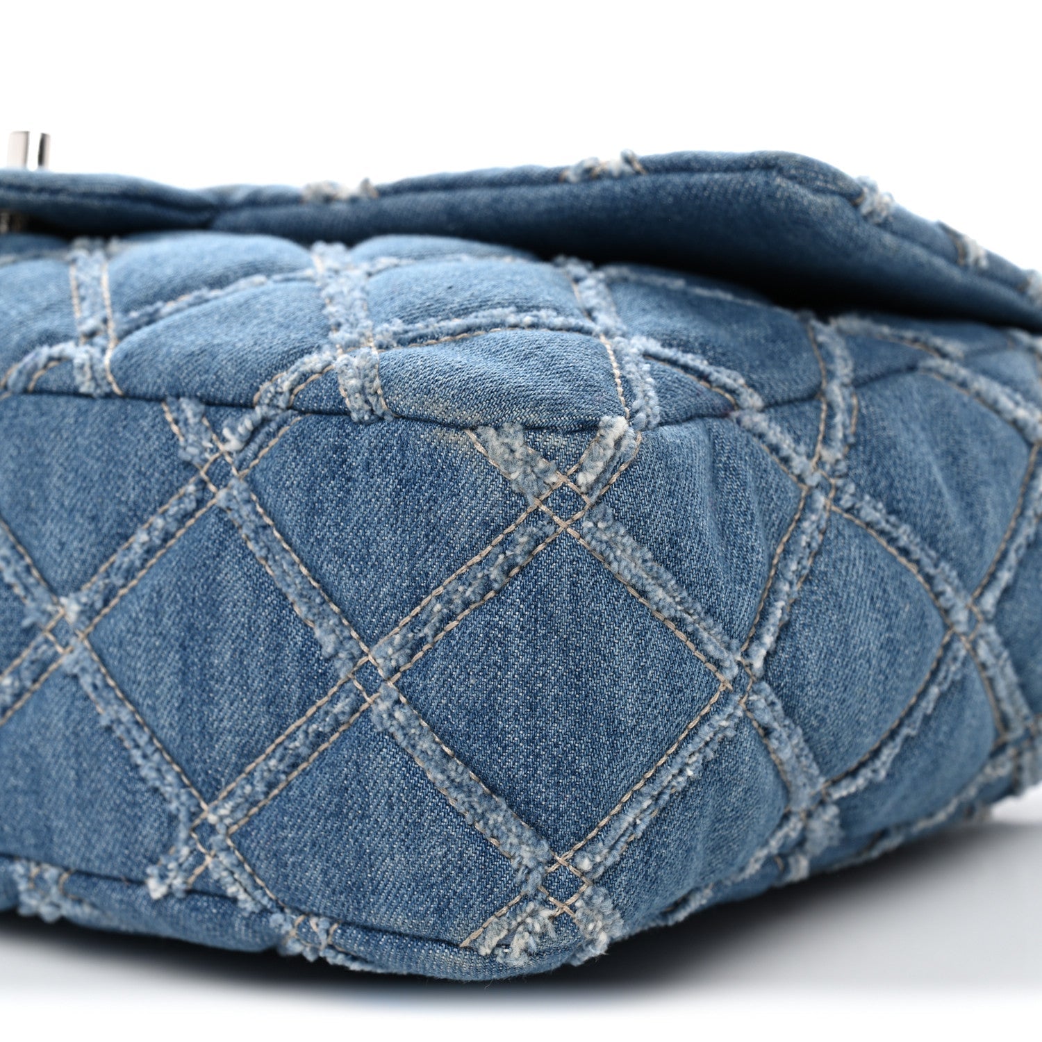 Chanel Frayed Denim Quilted Large Blue Chip Flap Blue