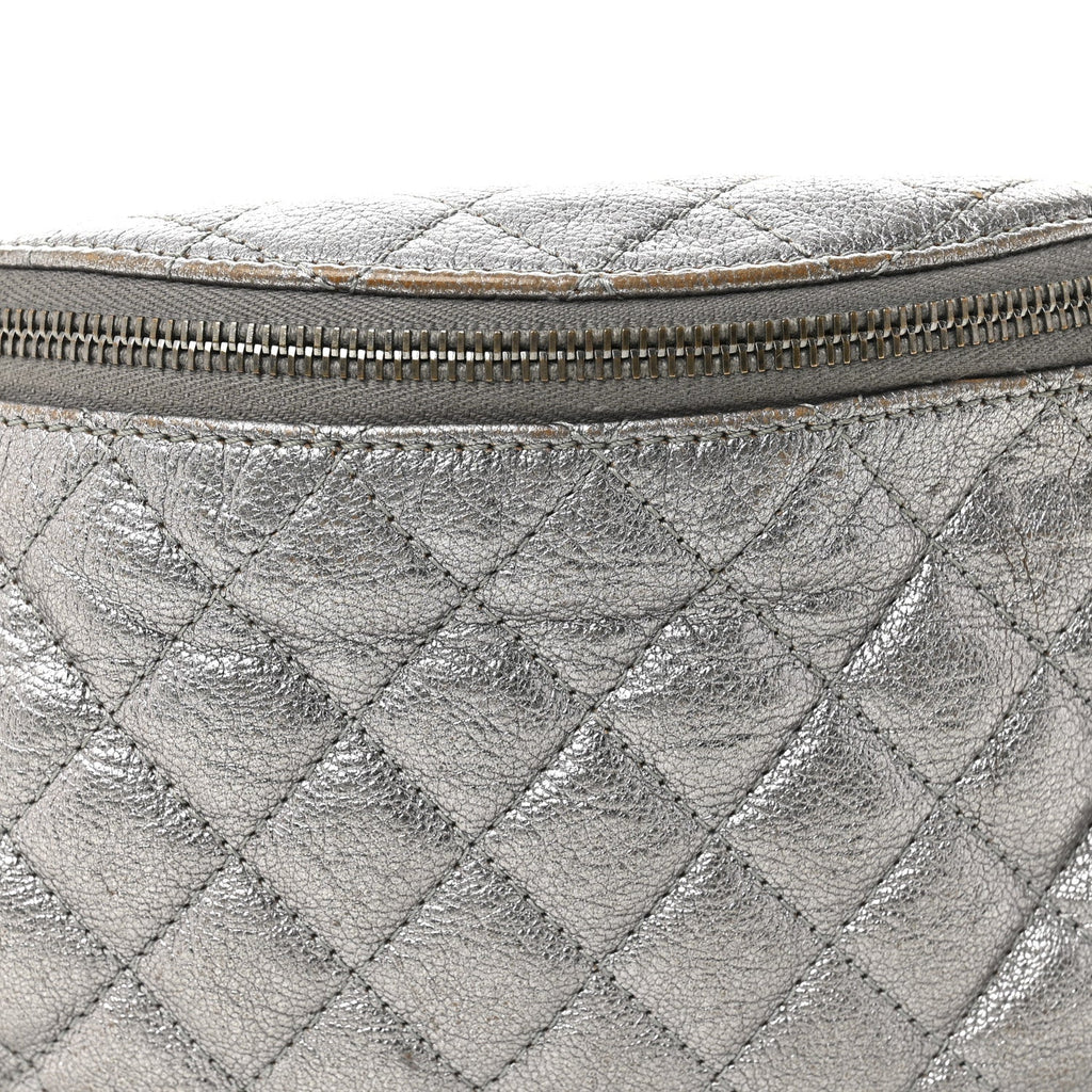 Chanel Metallic Calfskin Quilted Banane Waist Bag Fanny Pack Dark Silver