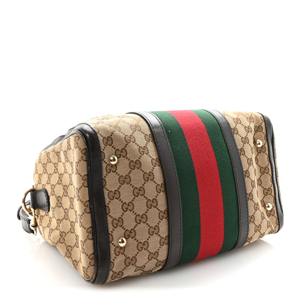 Gucci Monogram Selleria Calfskin Vintage Web Medium Boston Beige Ebony Cocoa