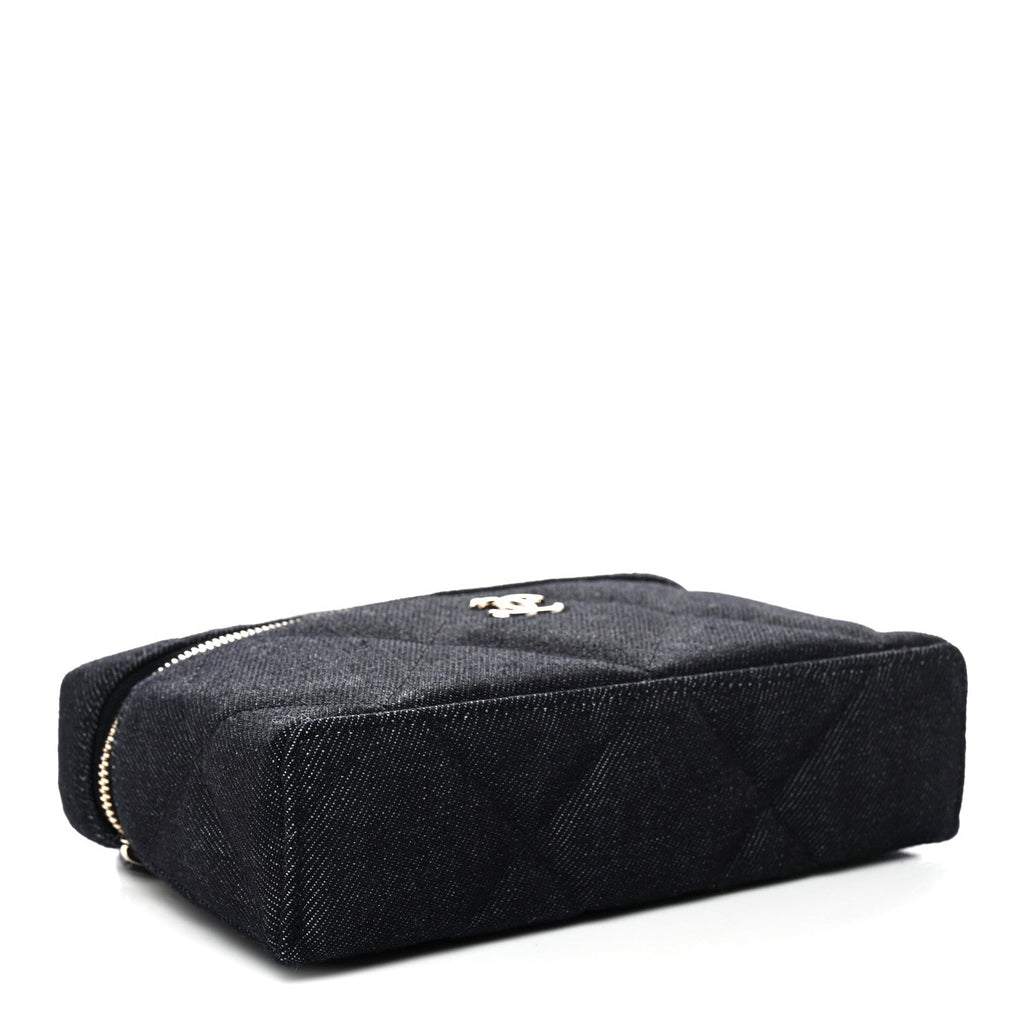 Chanel Denim Quilted Top Handle Slim Vanity Case With Chain Dark Blue