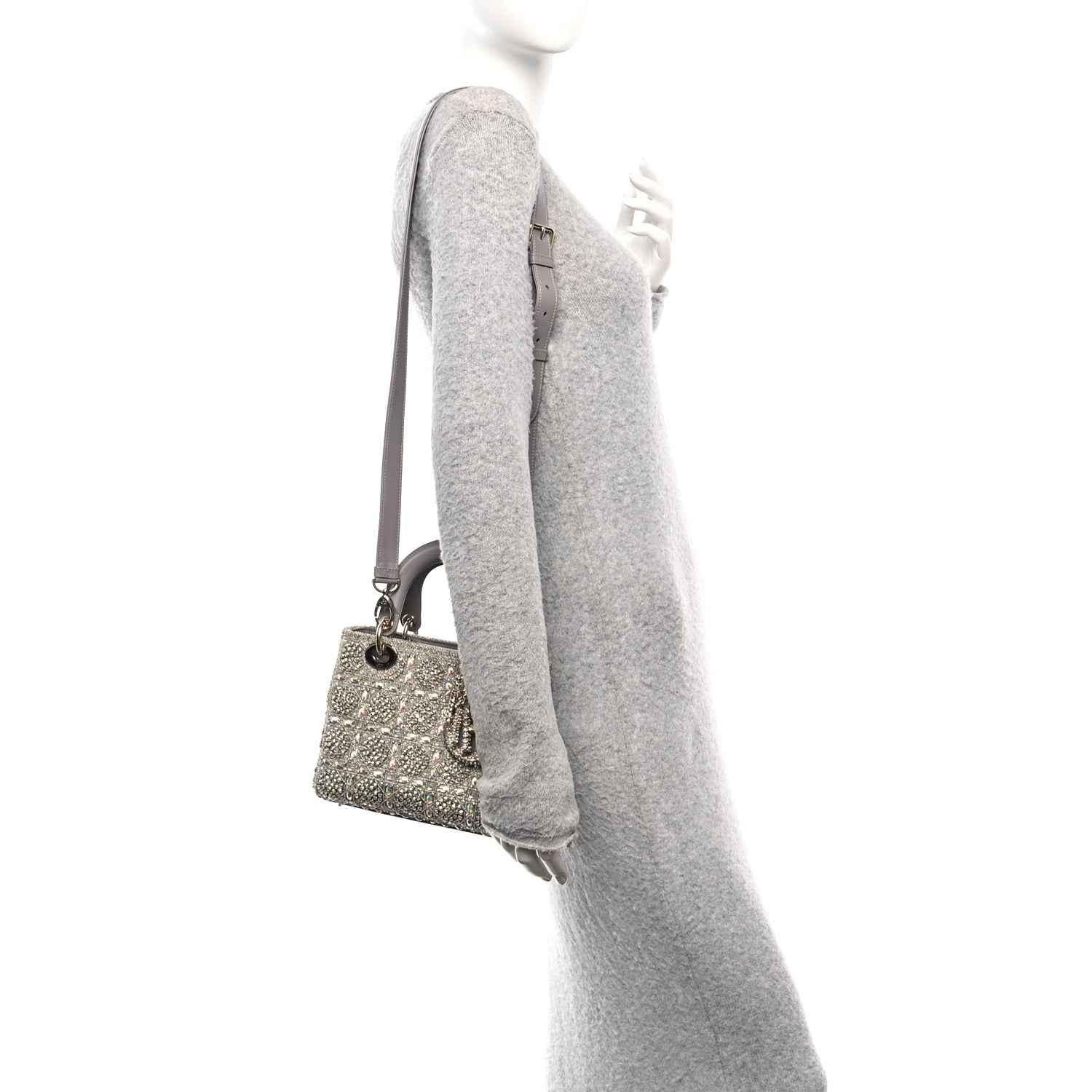 Christian Dior Calfskin Satin Celestial Bead Embroidery Embroidered Small Lady Dior Grey Multicolor