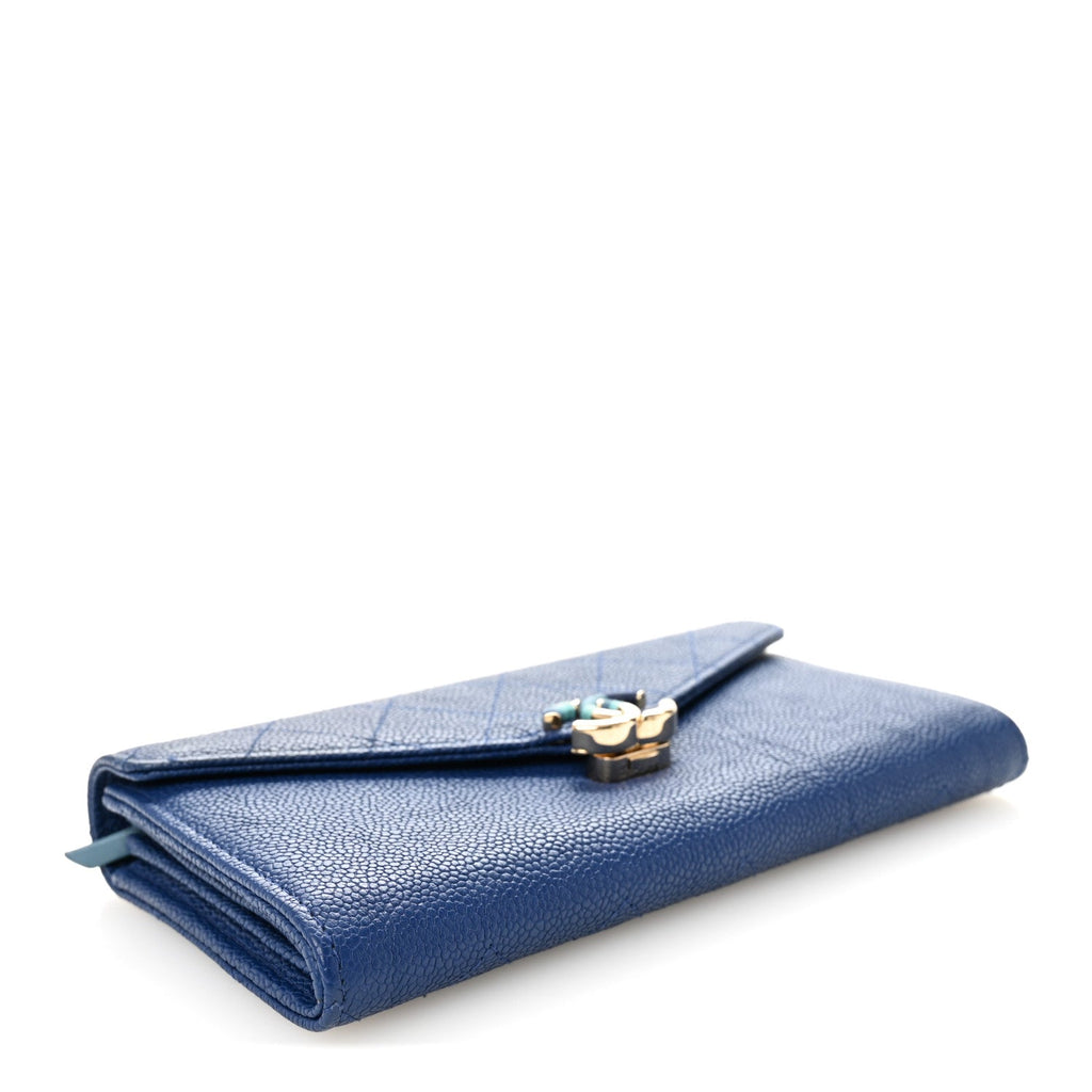 Caviar Quilted CC Box Gusset Flap Wallet Blue