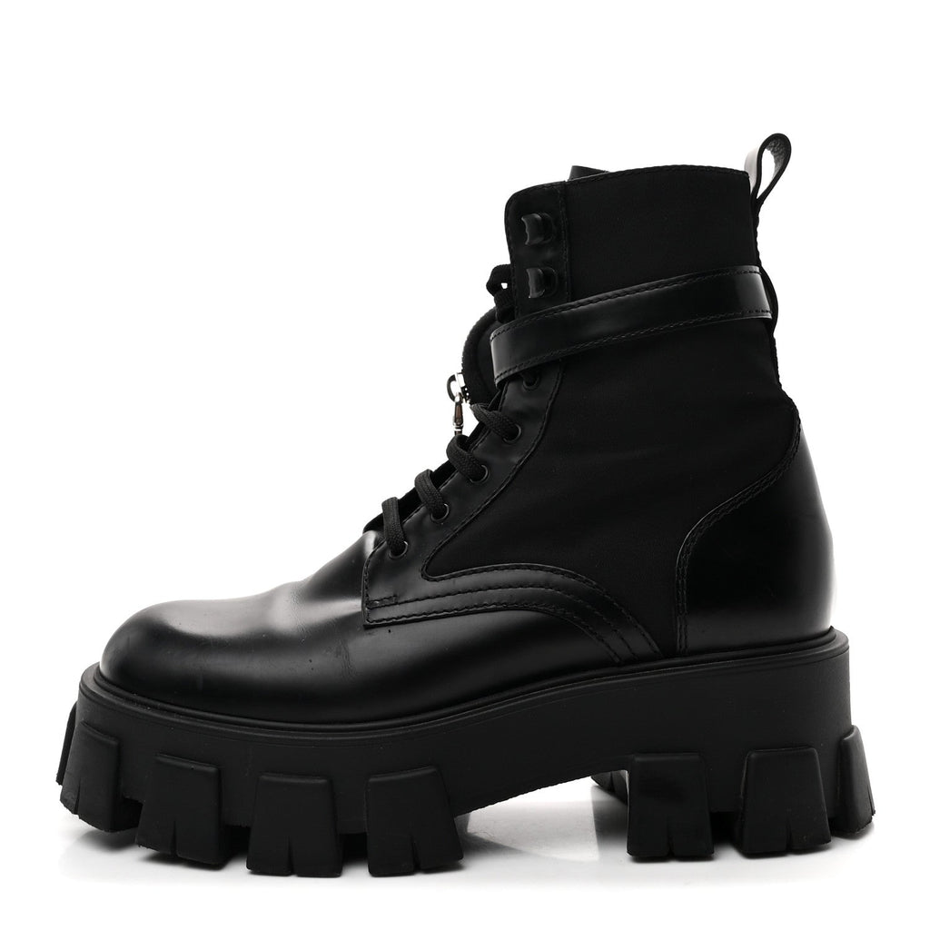 Prada Spazzolato Rois Nylon Metal Triangle Logo Monolith Pouch Pocket 55mm Boots 38 Black