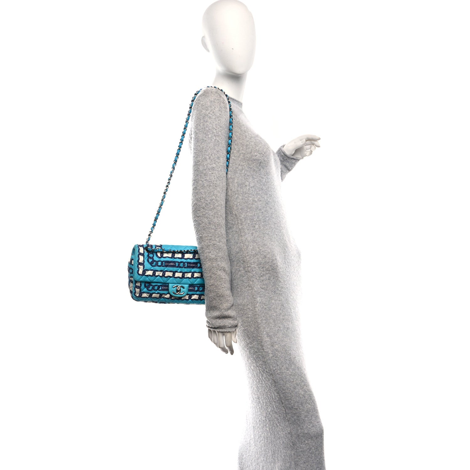 Chanel Silk Chain Printed Medium Single Flap Blue