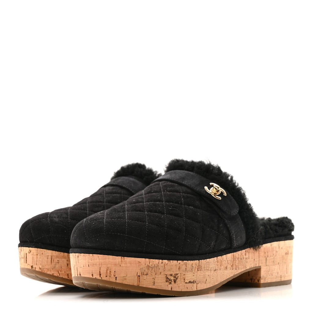 Chanel Suede Calfskin Shearling Turn Lock Clogs 41 Black