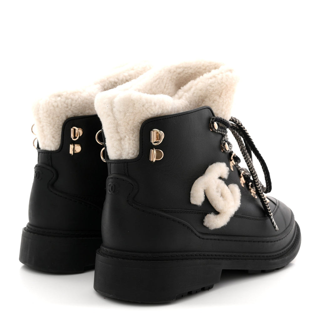 Calfskin Shearling CC Lace Up Boots 38.5 Black