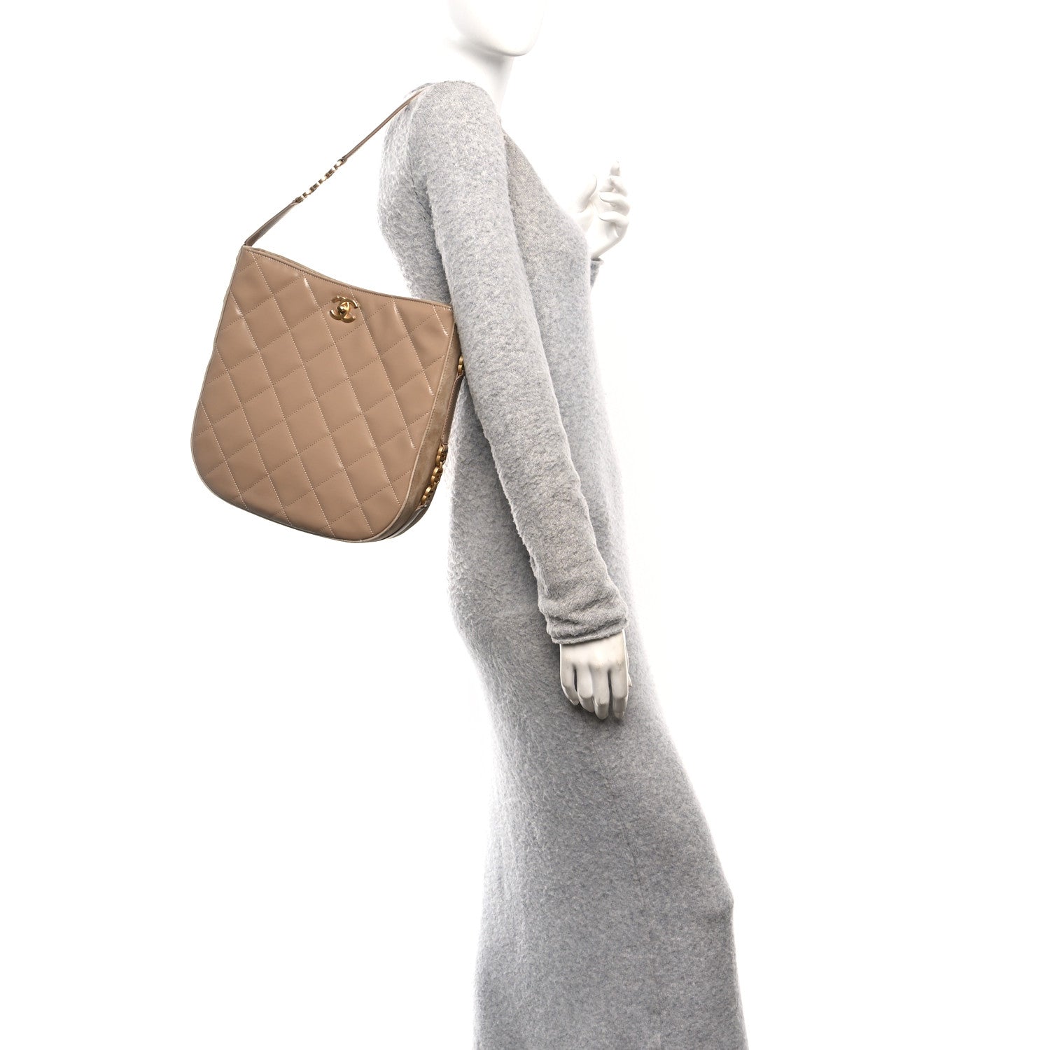 Chanel Shiny Calfskin Suede Goatskin Quilted Hobo Beige