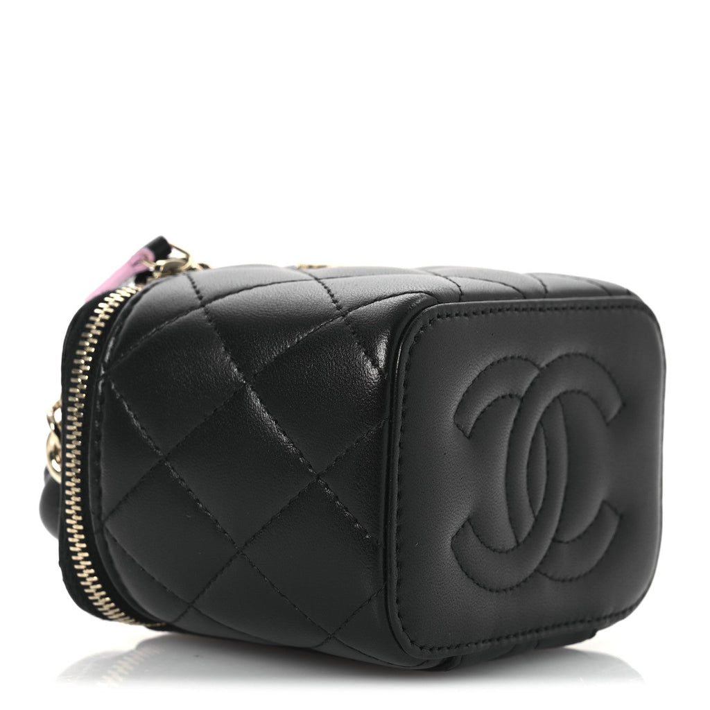 Chanel Lambskin Quilted Top Handle Mini Vanity Case With Chain Black Pink