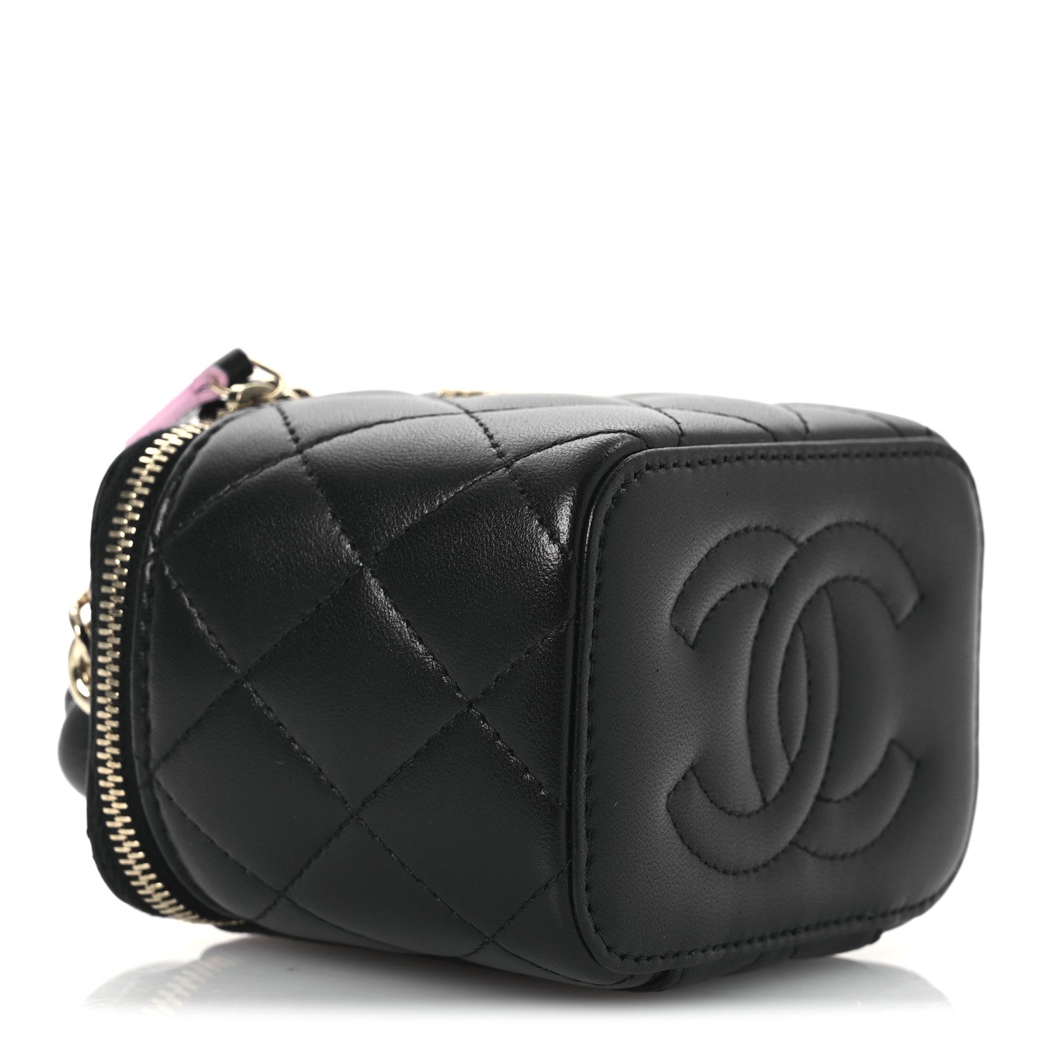 Chanel Lambskin Quilted Top Handle Mini Vanity Case With Chain Black Pink