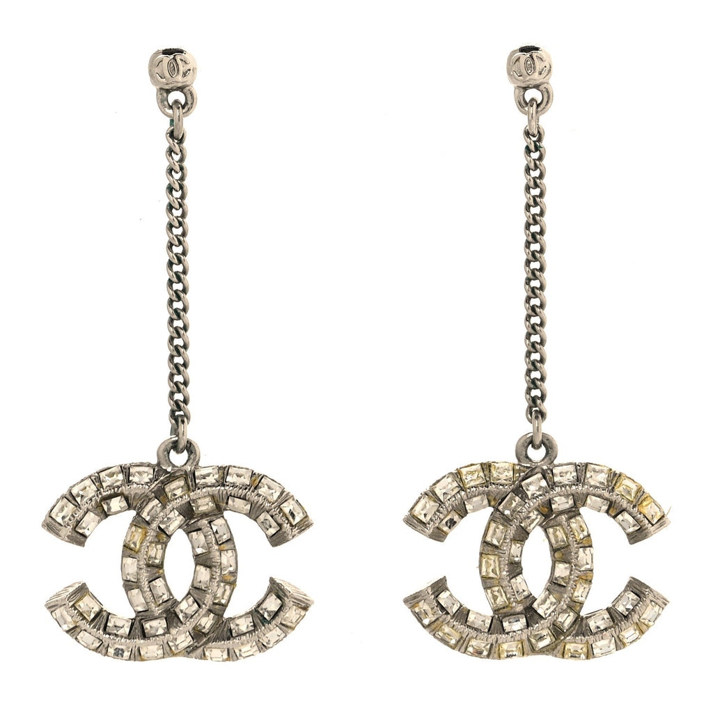 Baguette Crystal CC Drop Earrings Silver