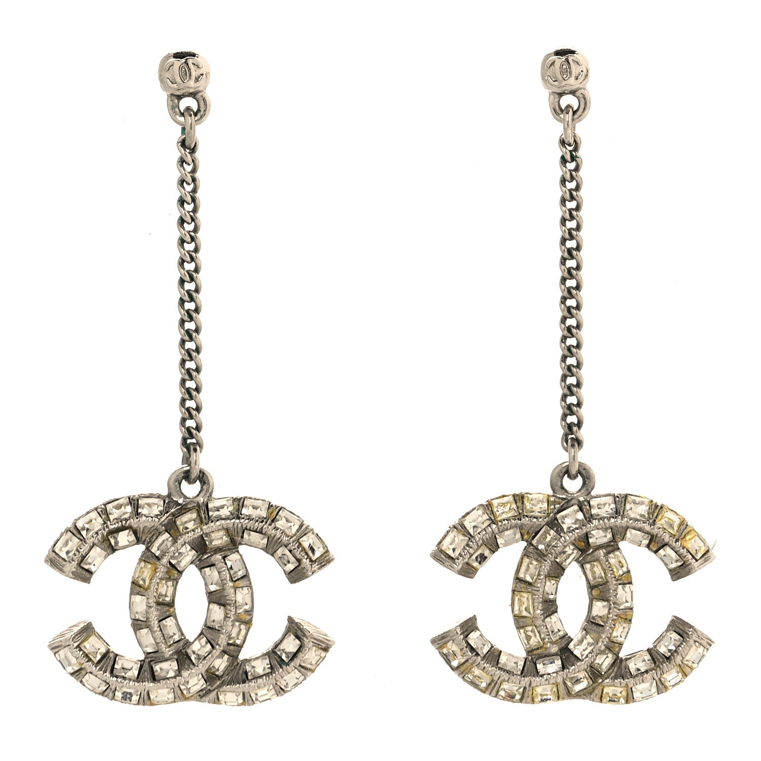 Baguette Crystal CC Drop Earrings Silver