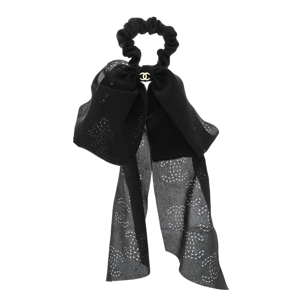 Chanel Silk Perforated Bow CC Scrunchie Black