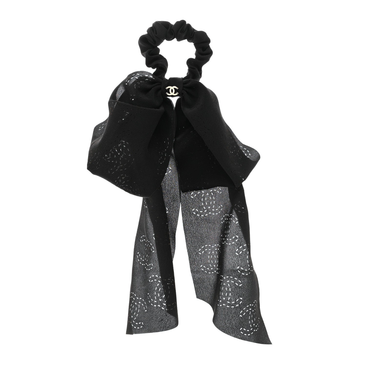 Chanel Silk Perforated Bow CC Scrunchie Black