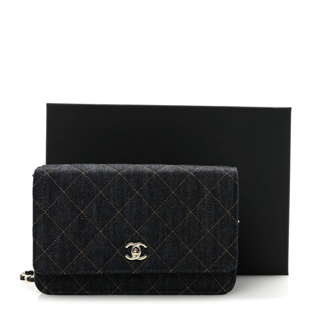 Chanel Denim Quilted CC Turnlock Wallet On Chain WOC Dark Blue Orange