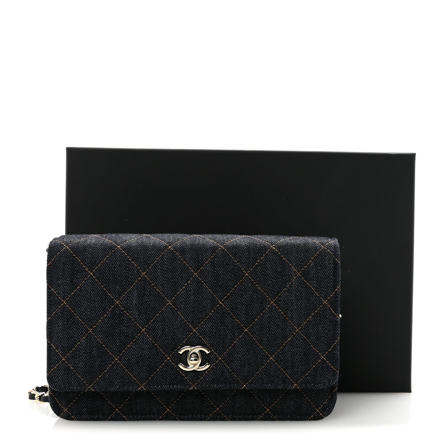 Chanel Denim Quilted CC Turnlock Wallet On Chain WOC Dark Blue Orange