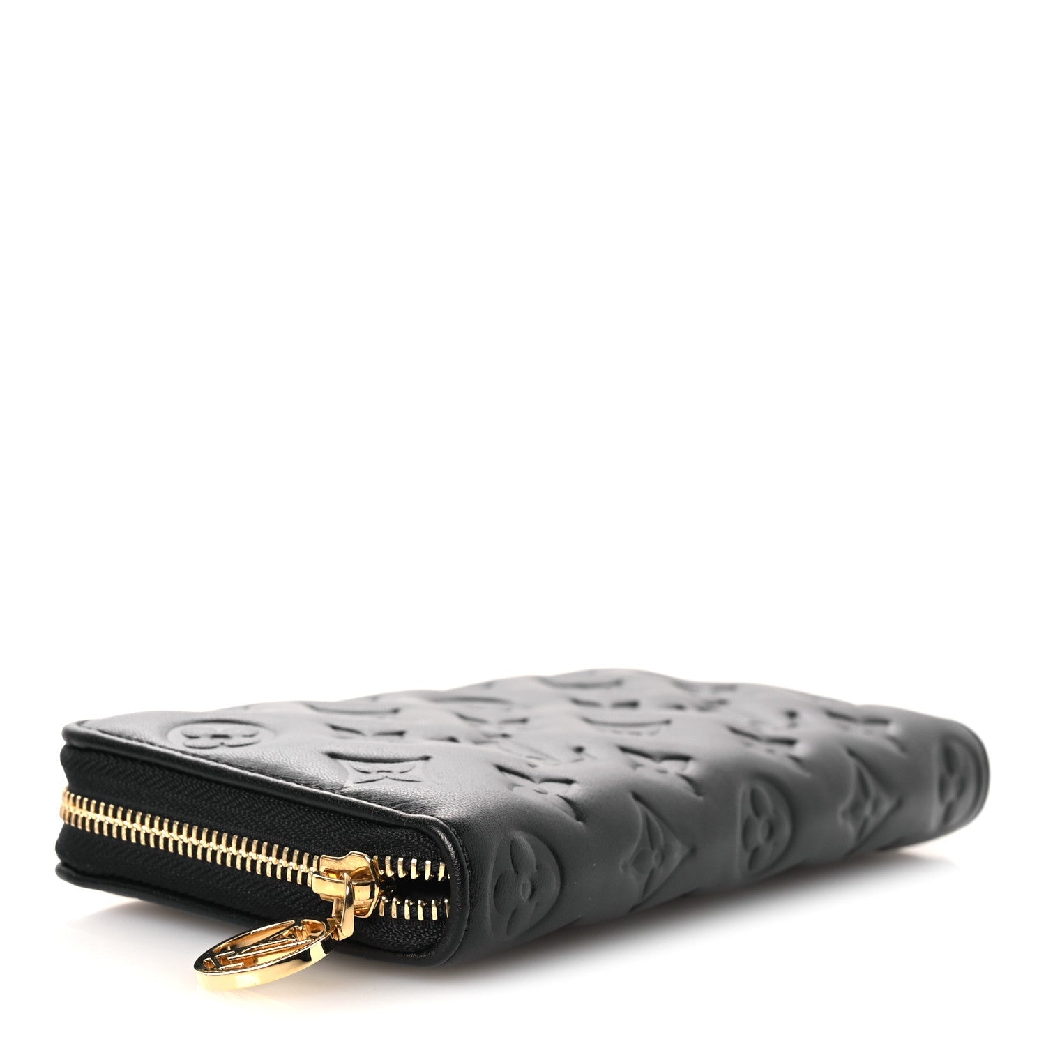 Louis Vuitton Lambskin Embossed Monogram Coussin Zippy Wallet Black