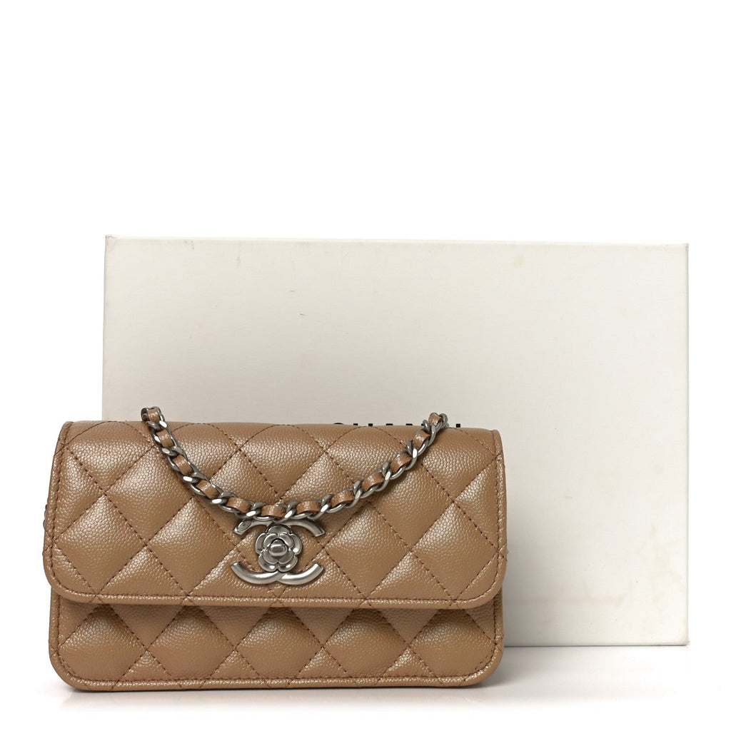 Chanel Iridescent Caviar Quilted Camellia Phone Holder With Chain Beige