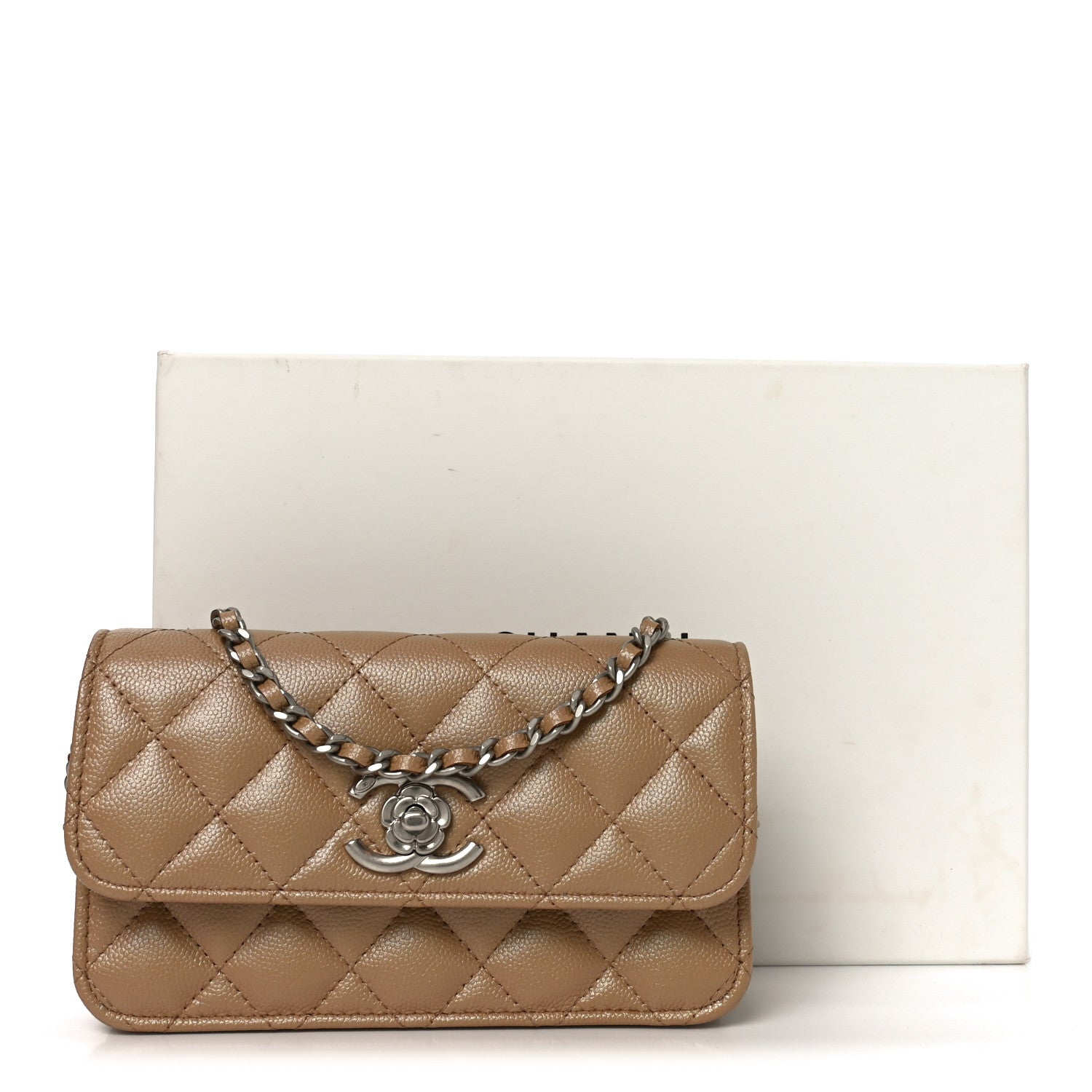 Chanel Iridescent Caviar Quilted Camellia Phone Holder With Chain Beige