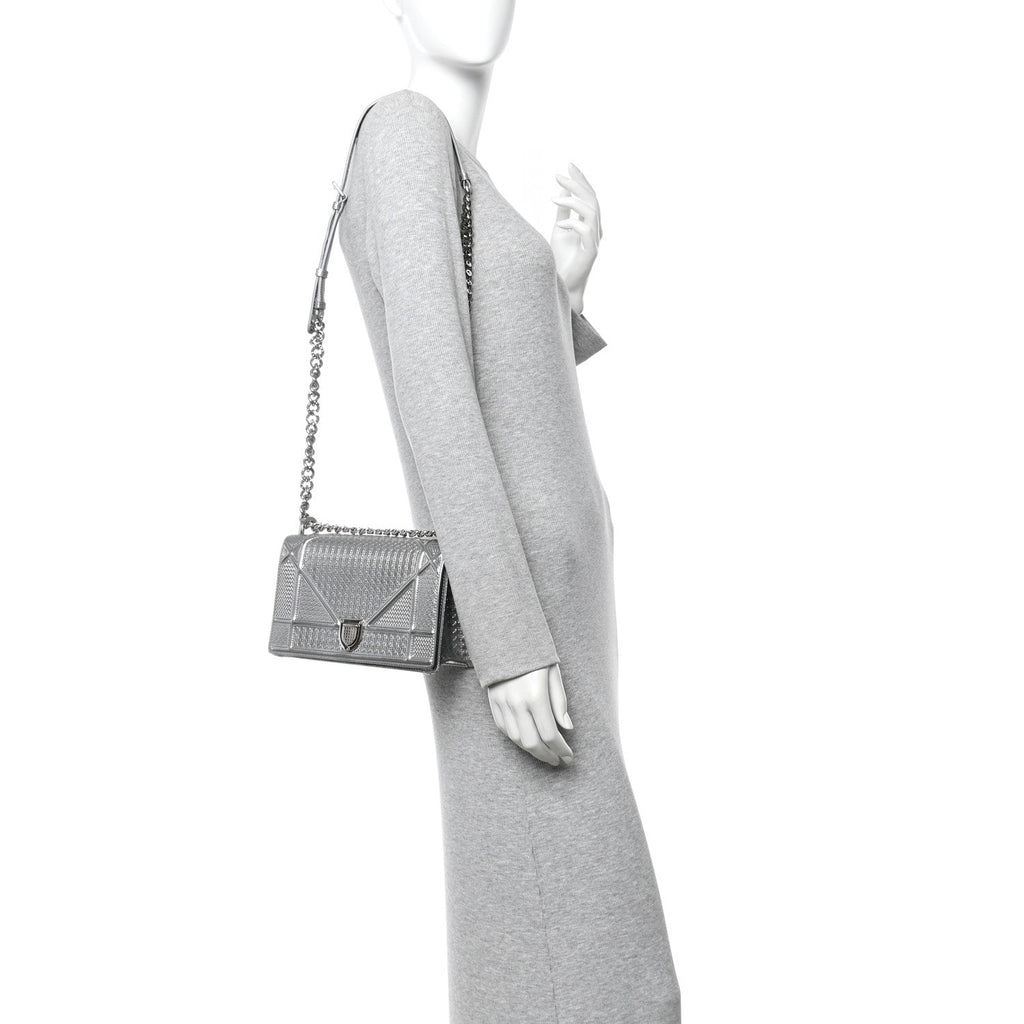 Christian Dior Metallic Patent Micro-Cannage Small Diorama Flap Bag Silver