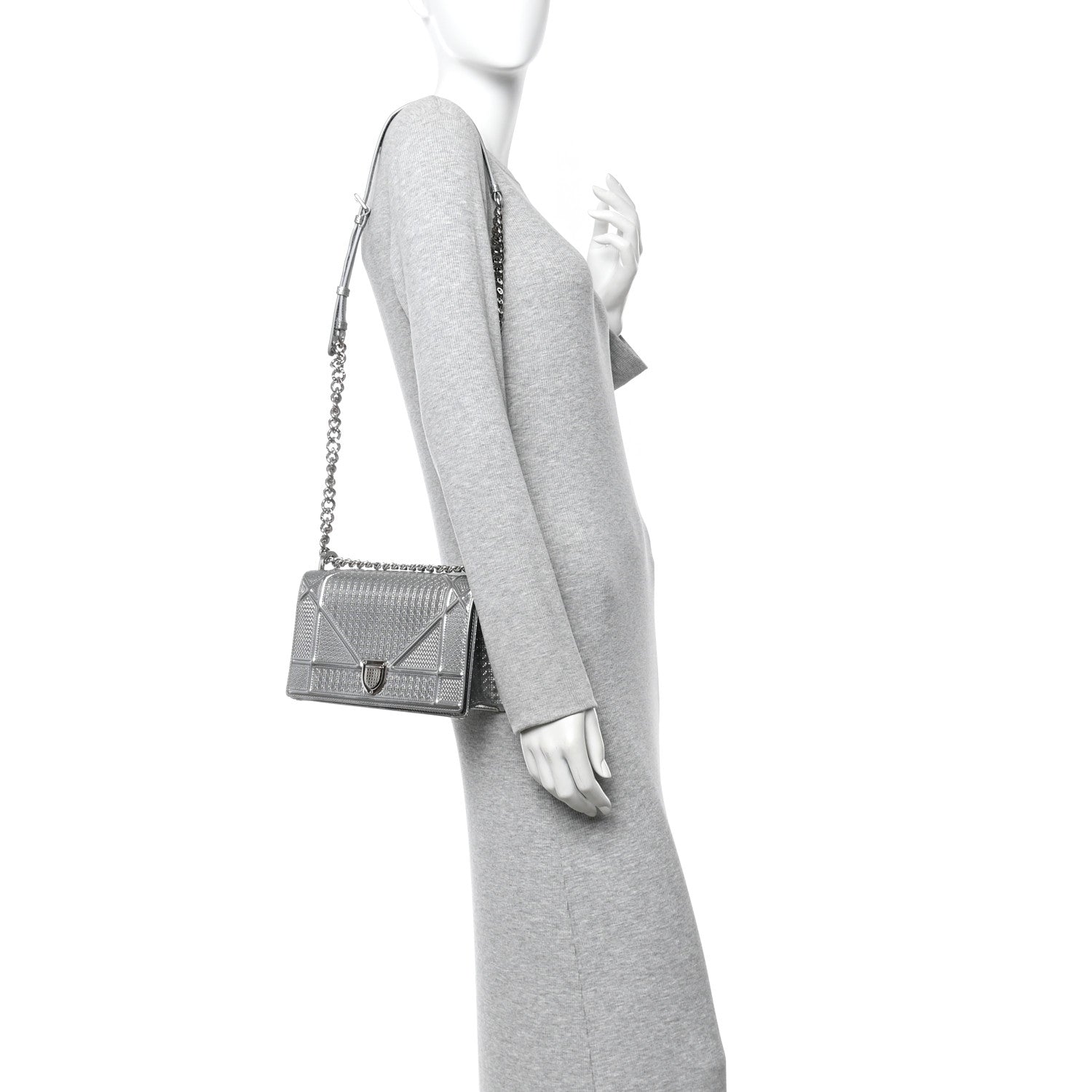 Christian Dior Metallic Patent Micro-Cannage Small Diorama Flap Bag Silver