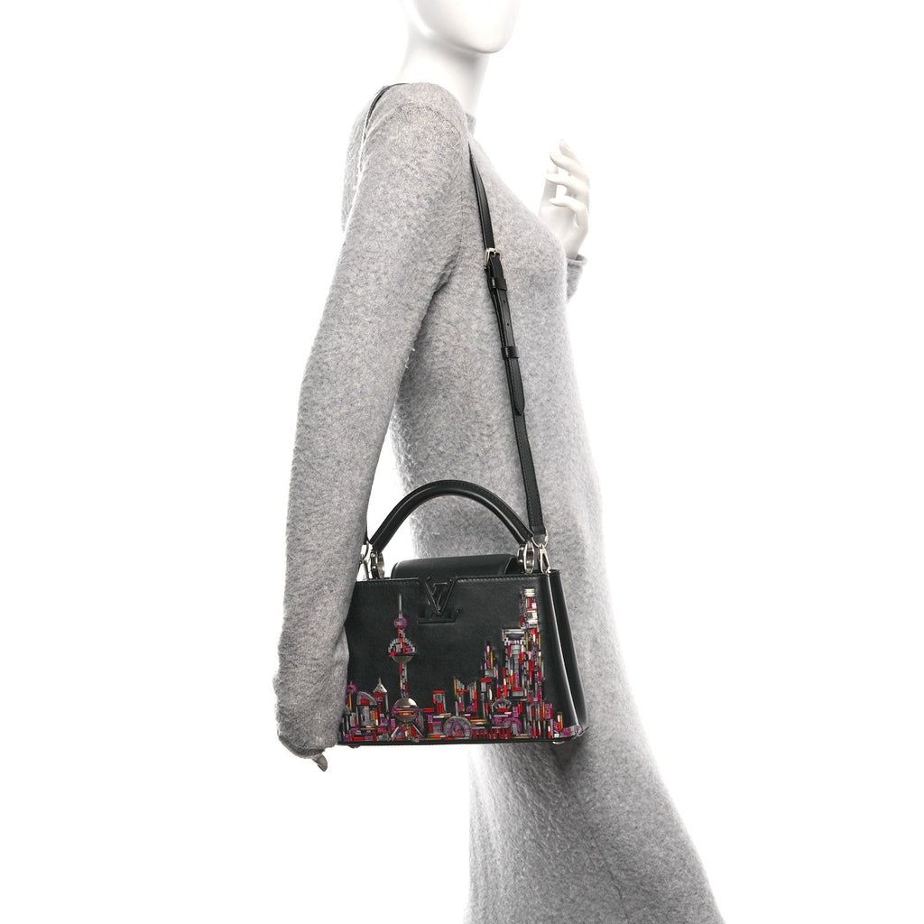 Louis Vuitton Calfskin Karung Beaded Shanghai Skyline Capucines BB Black