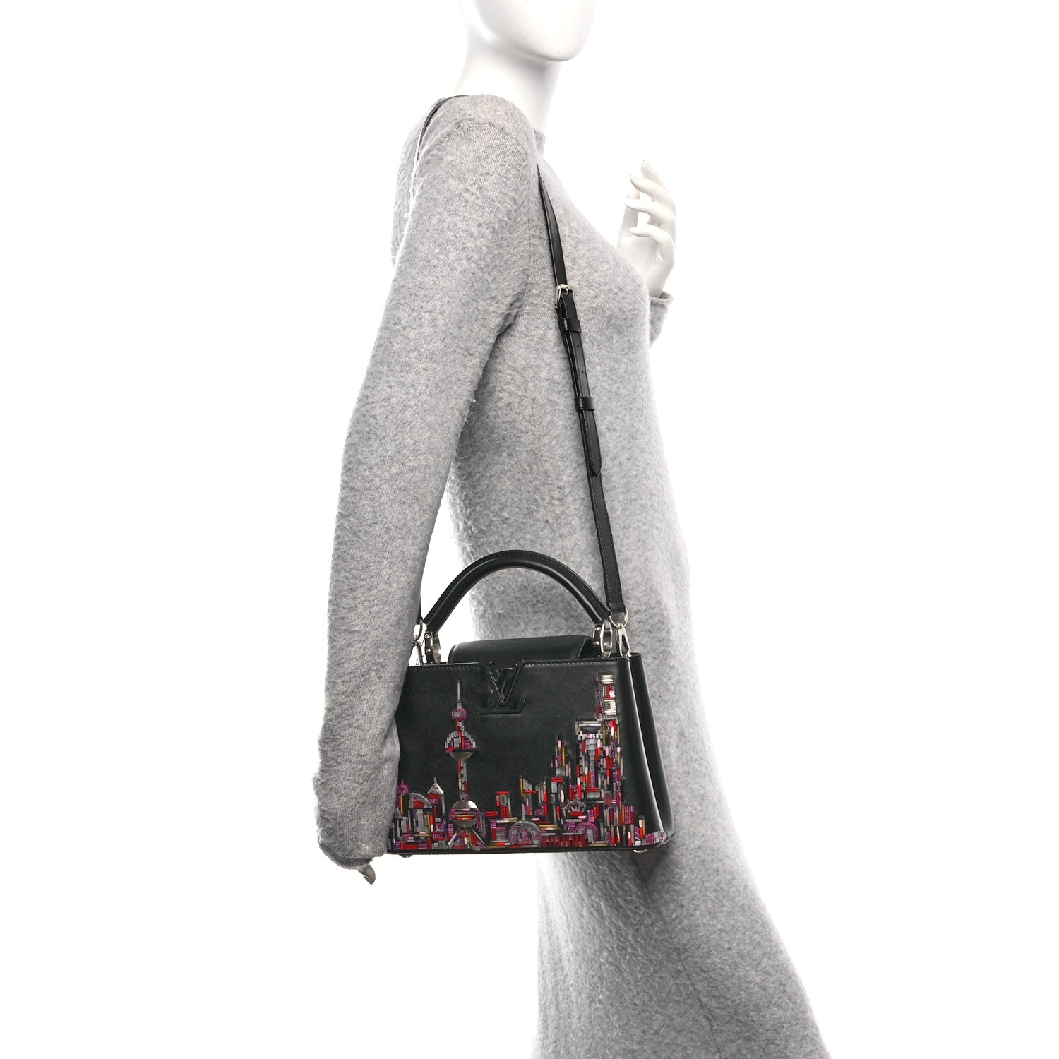 Louis Vuitton Calfskin Karung Beaded Shanghai Skyline Capucines BB Black