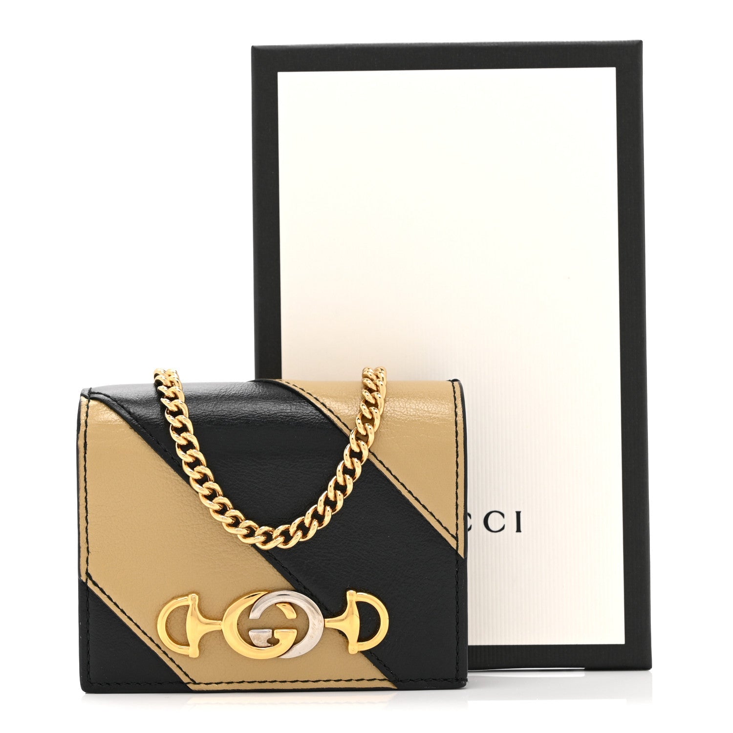 Gucci Calfskin Diagonal Striped Zumi Chain Card Case Wallet Black Beige