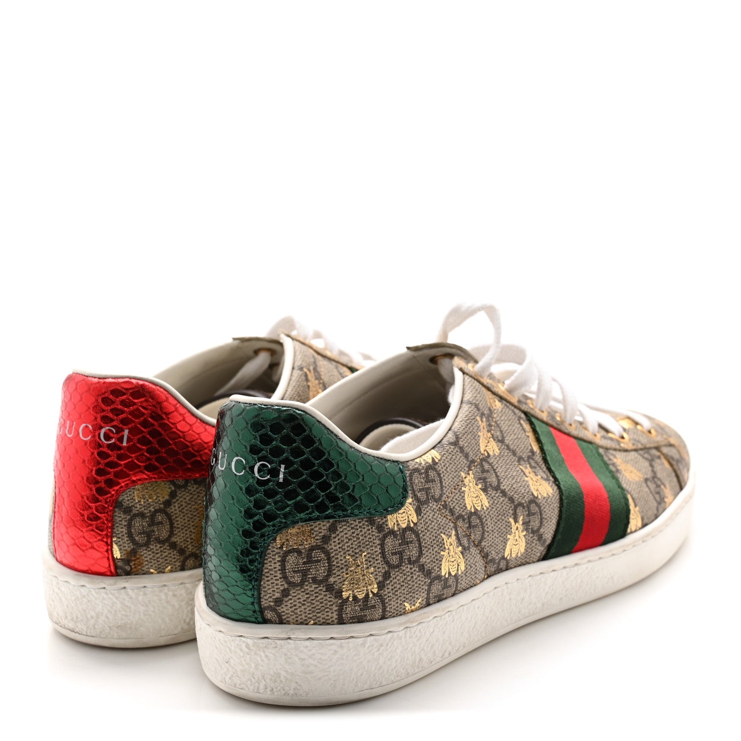 Gucci GG Supreme Monogram Bees Ayers Web Womens Ace Sneakers 38.5 Beige Oro Green Red