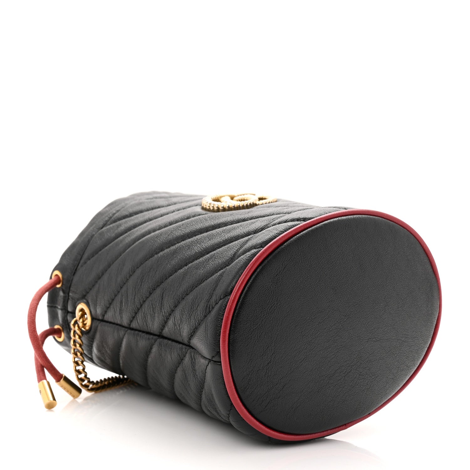 Gucci Vintage Effect Calfskin Matelasse Diagonal Mini Torchon GG Marmont 2.0 Bucket Bag Black Romantic Cherry