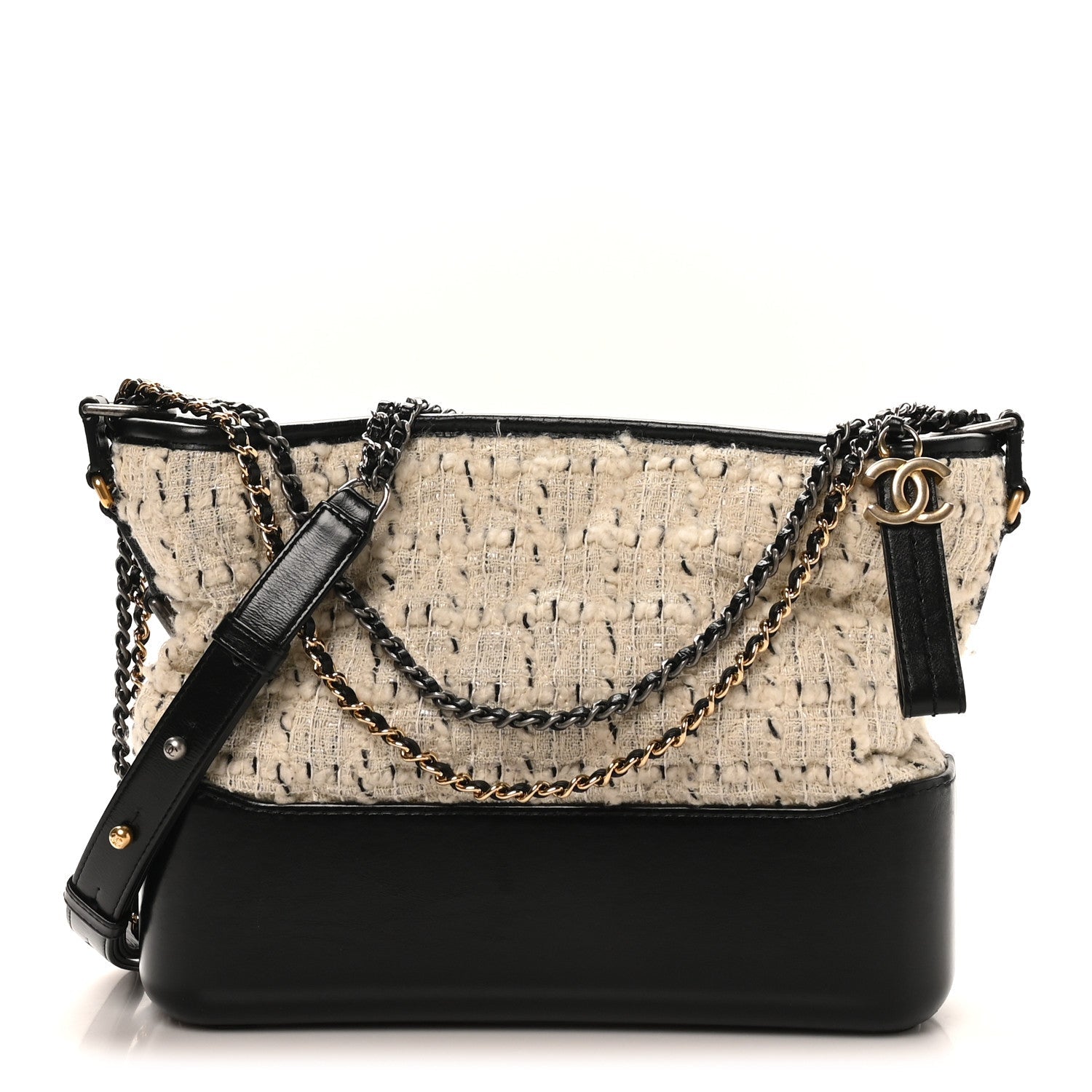 Chanel Tweed Calfskin Quilted Medium Gabrielle Hobo Ivory Black