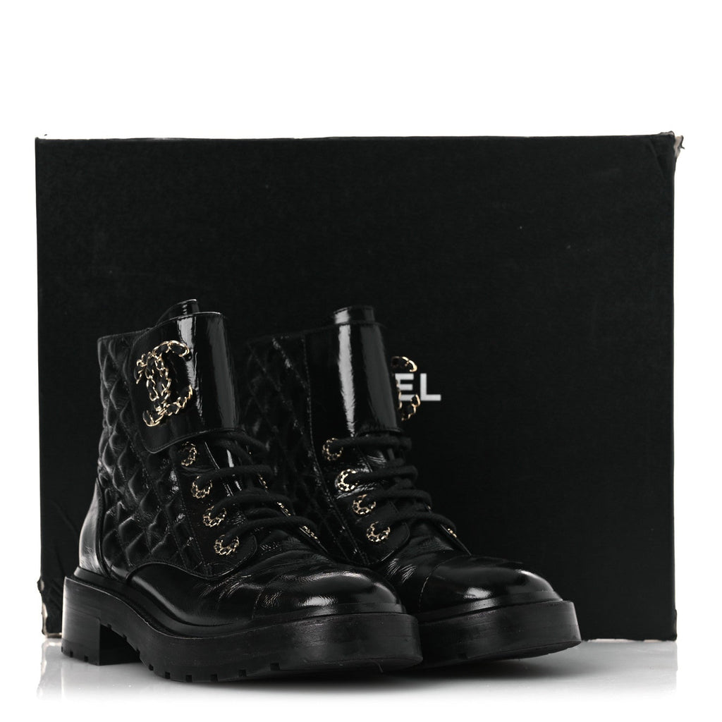 Chanel Shiny Calfskin Quilted Lace Up Combat Boots 37 Black