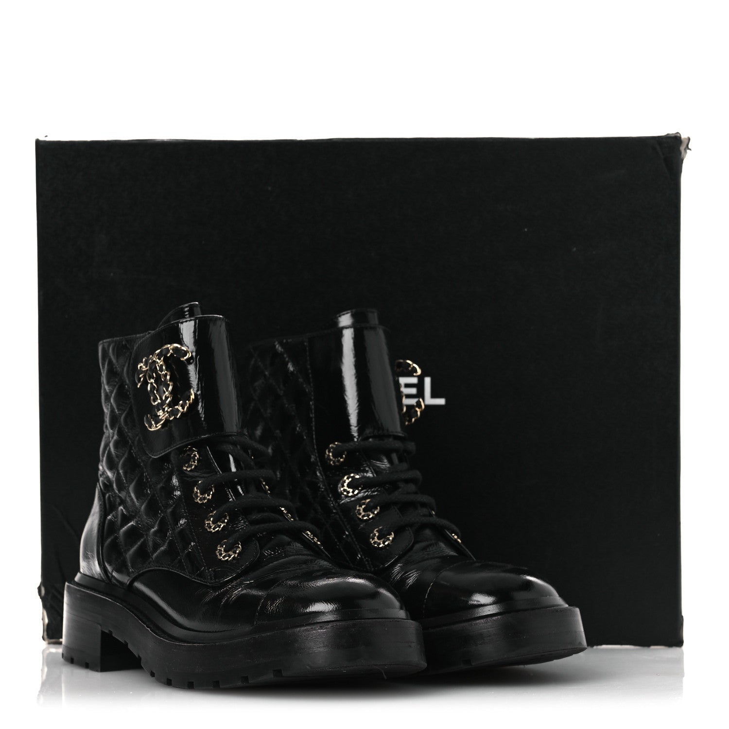 Chanel Shiny Calfskin Quilted Lace Up Combat Boots 37 Black