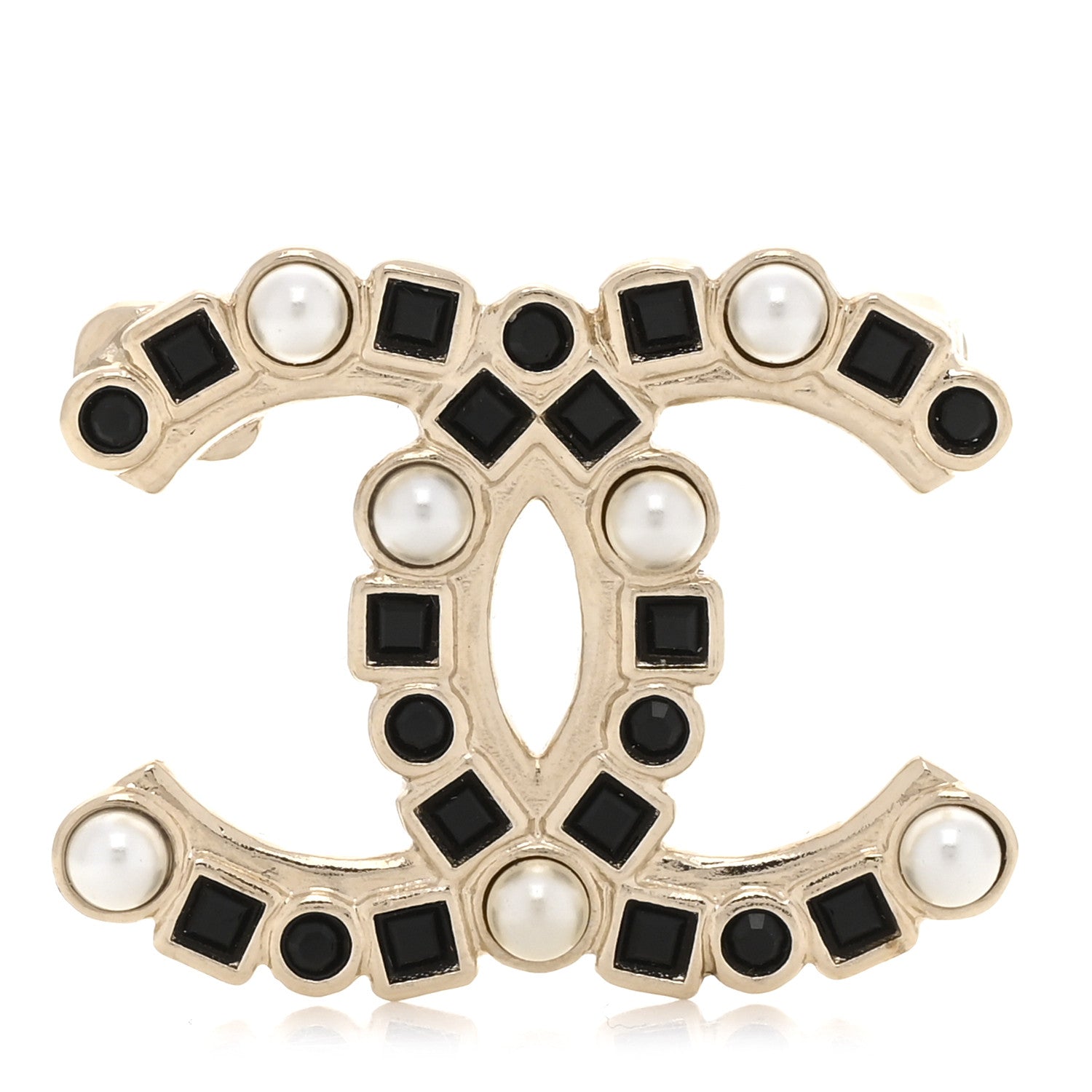 Pearl Crystal CC Brooch Black Gold