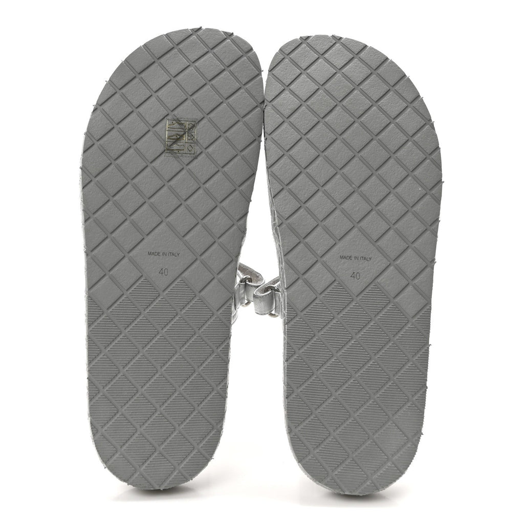 Laminated Lambskin Quilted Velcro Crystal CC Dad Slide Sandals 40 Silver