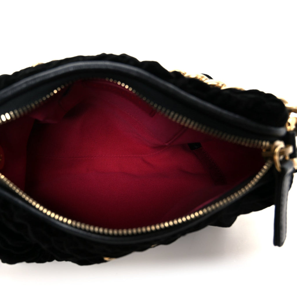 Chanel Velvet Camellia Embossed Barrel Clutch With Chain  Black