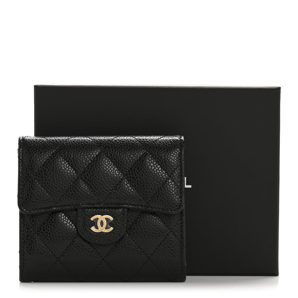 Caviar Quilted Compact Flap Wallet Black