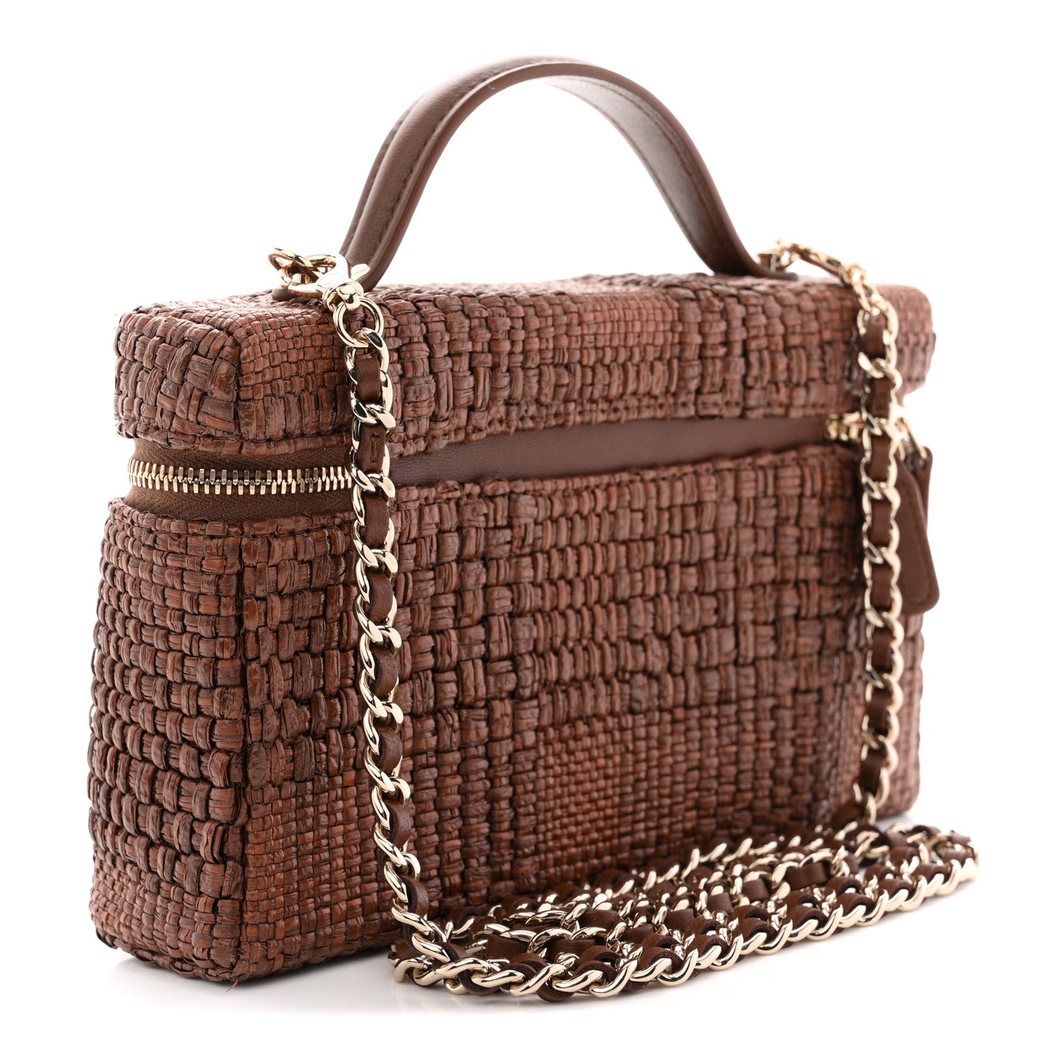 Chanel Braided Raffia Quilted Top Handle Slim Vanity With Chain Brown