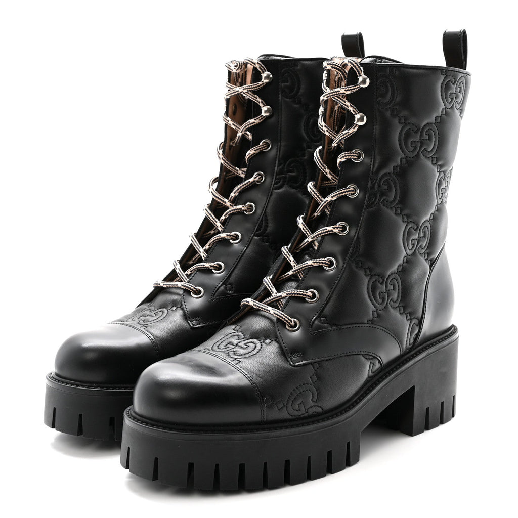 Gucci Cordovan Lux Nappa GG Matelasse Lace Up 60mm Combat Boots 40 Black
