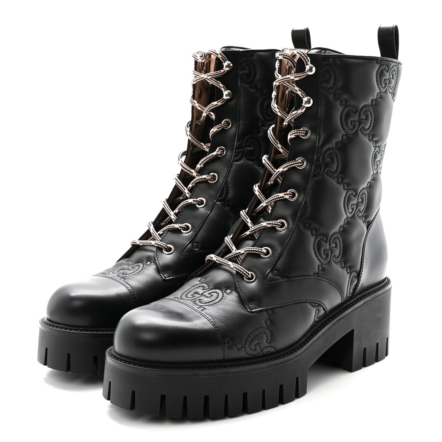 Gucci Cordovan Lux Nappa GG Matelasse Lace Up 60mm Combat Boots 40 Black