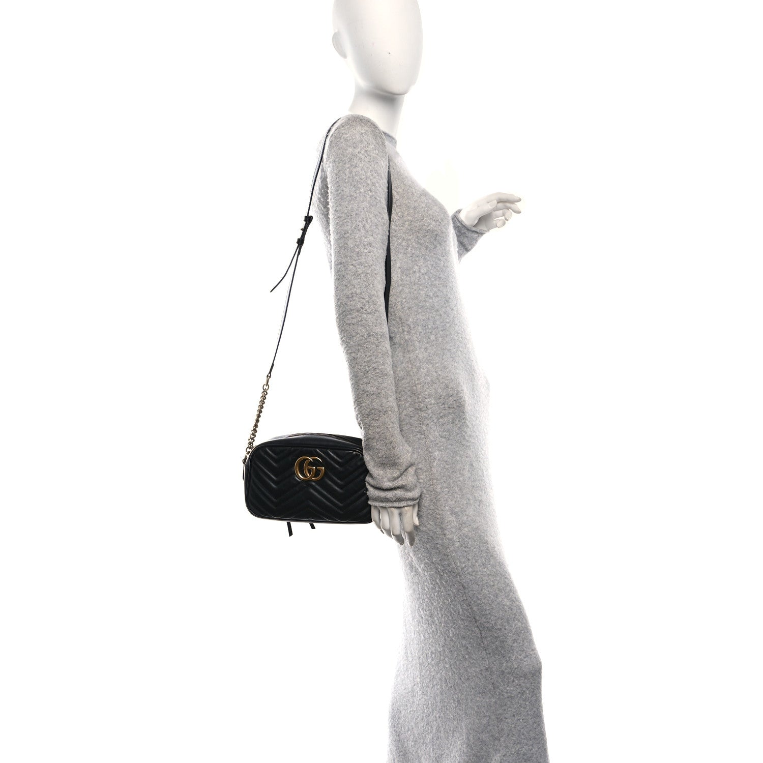 Gucci Calfskin Matelasse Small GG Marmont Chain Shoulder Bag Black