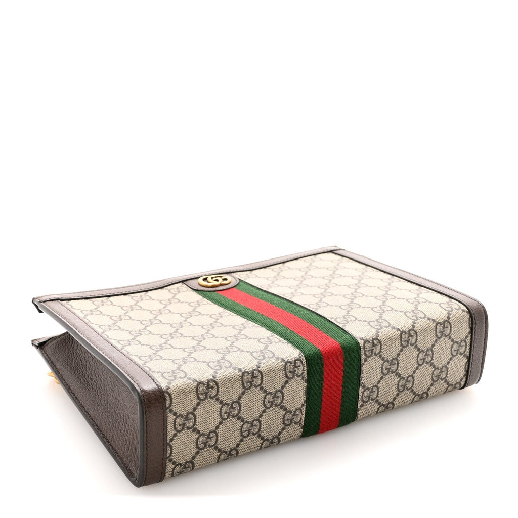 Gucci GG Supreme Monogram Textured Dollar Calfskin Web Small Ophidia Wristlet Pouch Beige Ebony New Acero