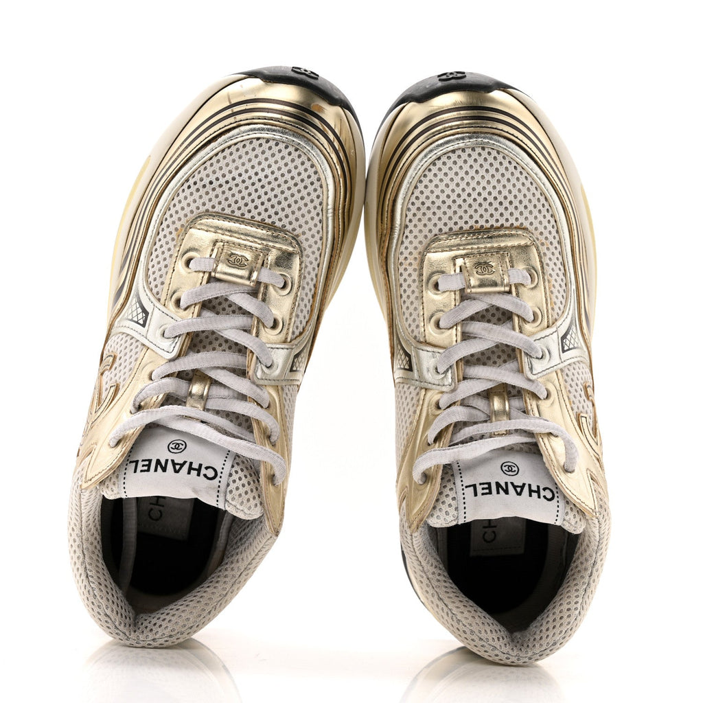 Fabric Laminated Calfskin Stretch CC Sneakers 36.5 White Gold Silver