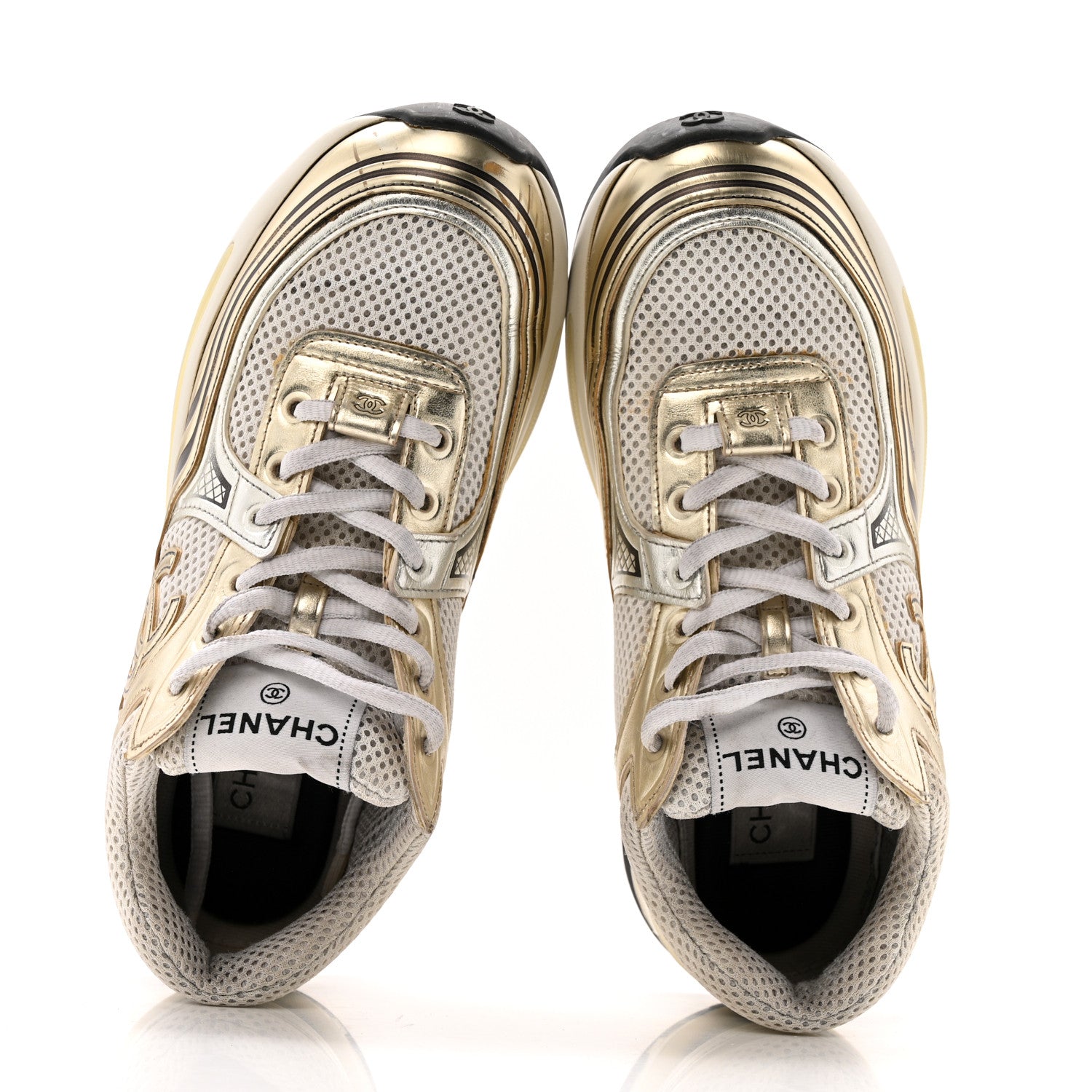 Fabric Laminated Calfskin Stretch CC Sneakers 36.5 White Gold Silver
