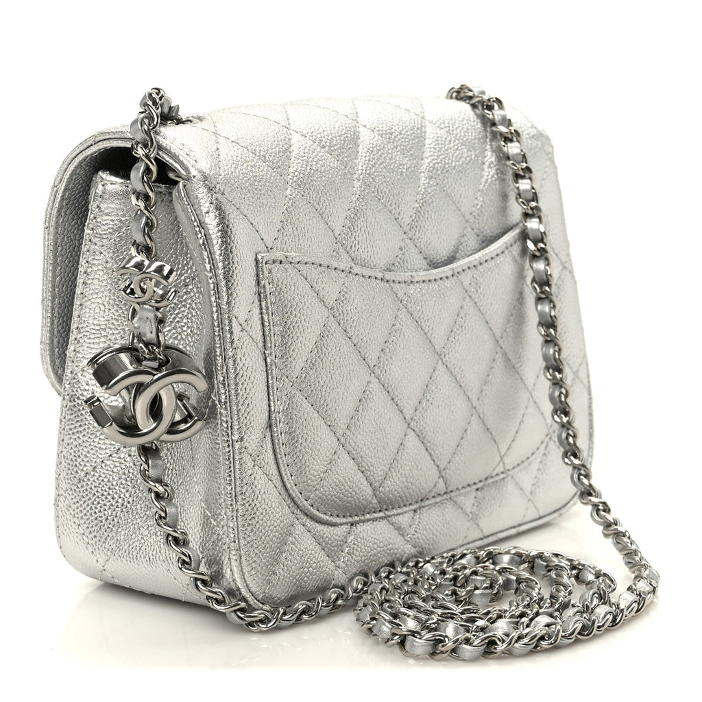 Chanel Metallic Caviar Quilted Mini Square CC Slide Flap Silver