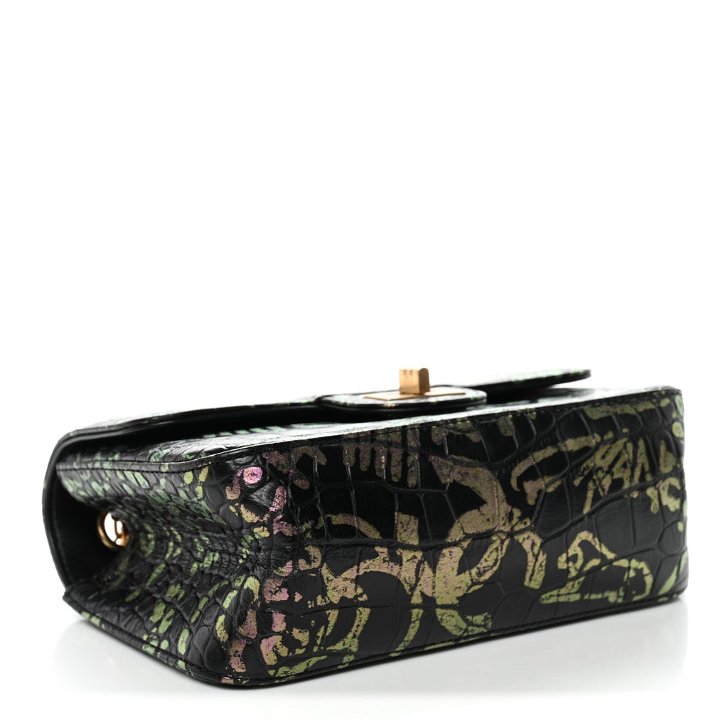 Chanel Calfskin Crocodile Embossed Graffiti 2.55 Mini Cocodile Reissue Flap Black Pink