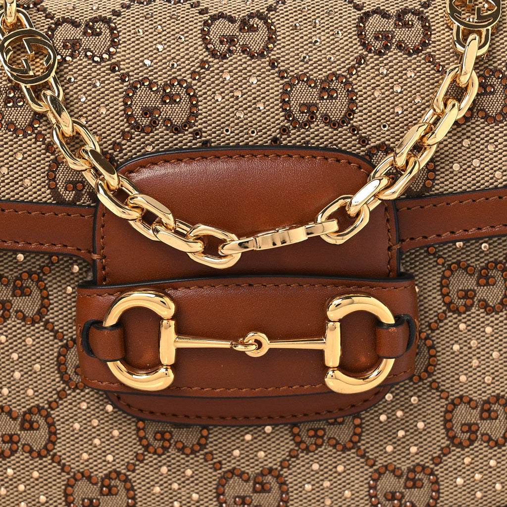 Gucci New Canvas Charisma Calfskin Crystal GG Monogram Mini Horsebit 1955 Shoulder Bag Camel Ebony