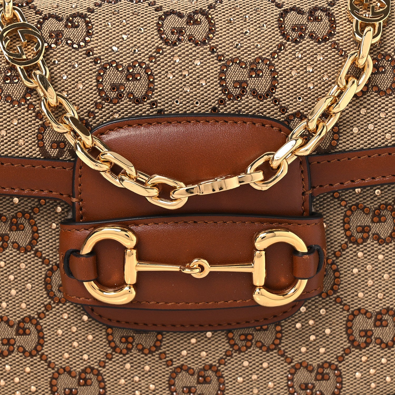 Gucci New Canvas Charisma Calfskin Crystal GG Monogram Mini Horsebit 1955 Shoulder Bag Camel Ebony