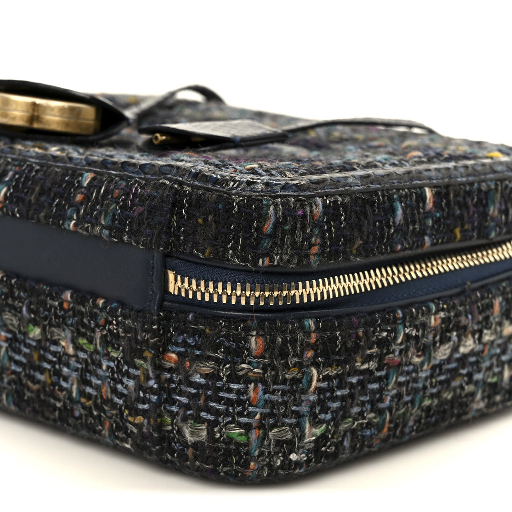Chanel Tweed Snakeskin Quilted Medium CC Filigree Vanity Case Dark Navy
