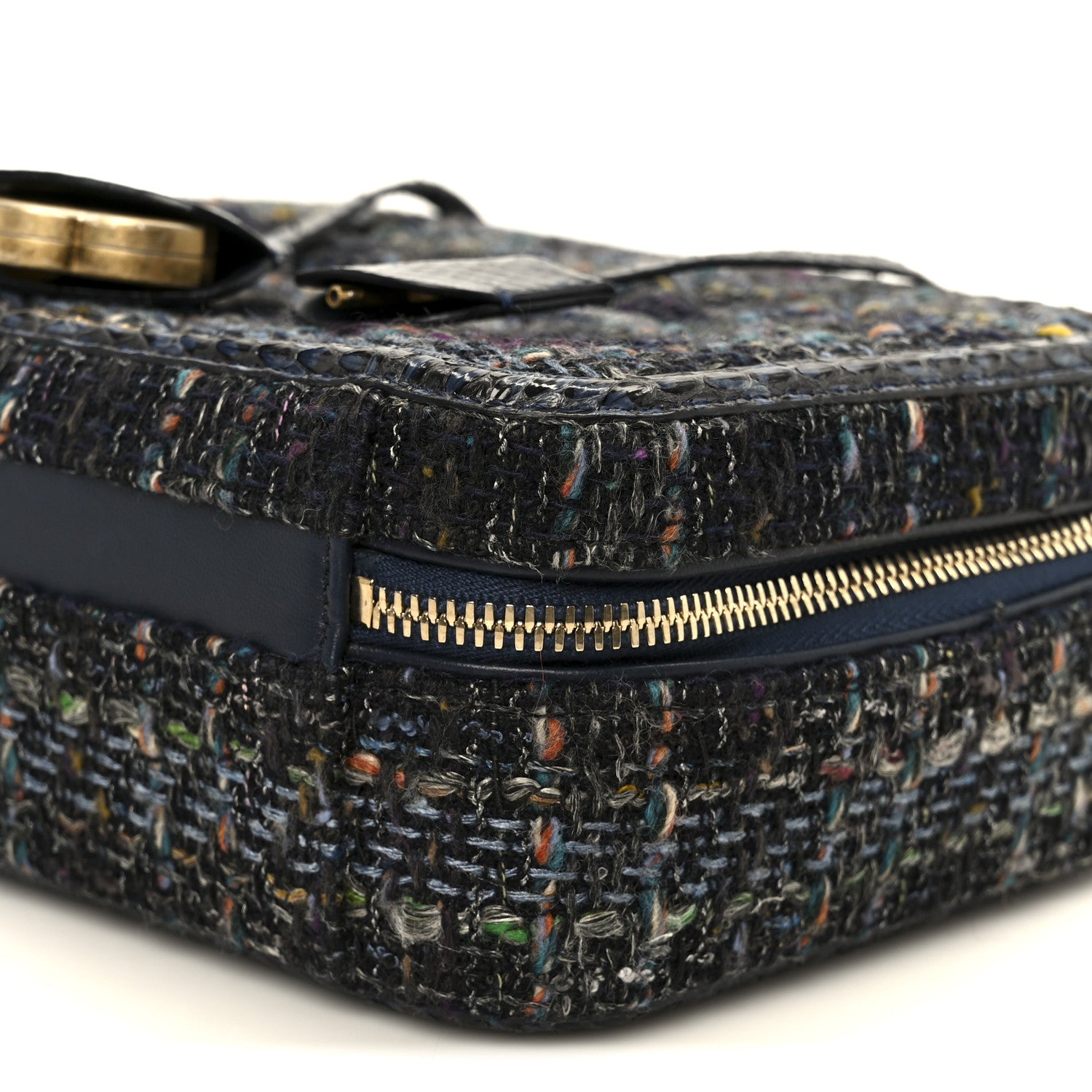 Chanel Tweed Snakeskin Quilted Medium CC Filigree Vanity Case Dark Navy