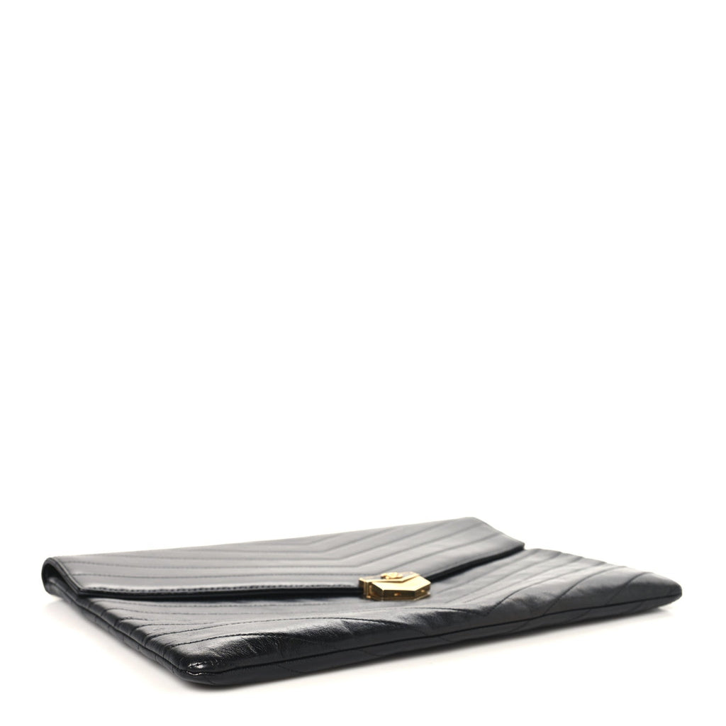 Calfskin Chevron Quilted Medal Flap Clutch Black